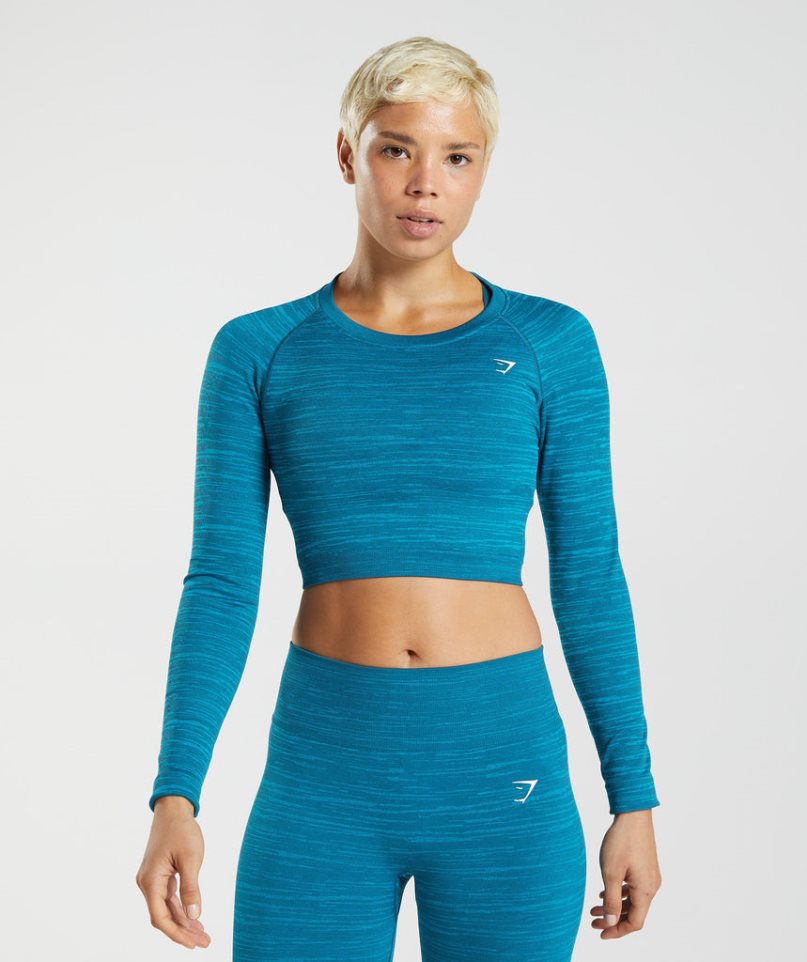 Women\'s Gymshark Adapt Marl Seamless Long Sleeve Cropped Tops Turquoise | NZ 0XDEFB